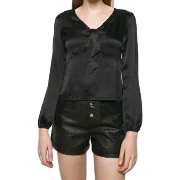 Maje Black Silk Satin Tied Size 1 US XS Blouse Long Sleeve Top - Picture 1 of 9